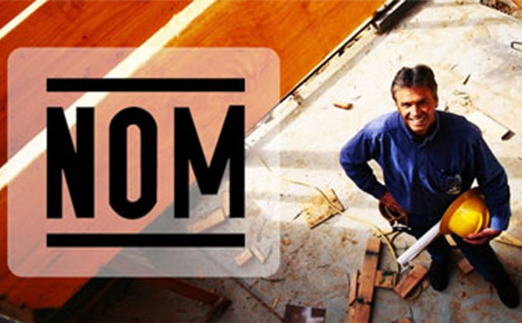 Trabajador industrial y el logo de la Normas Oficiales Mexicanas de la Secretaria de del trabajo y Previsión Social